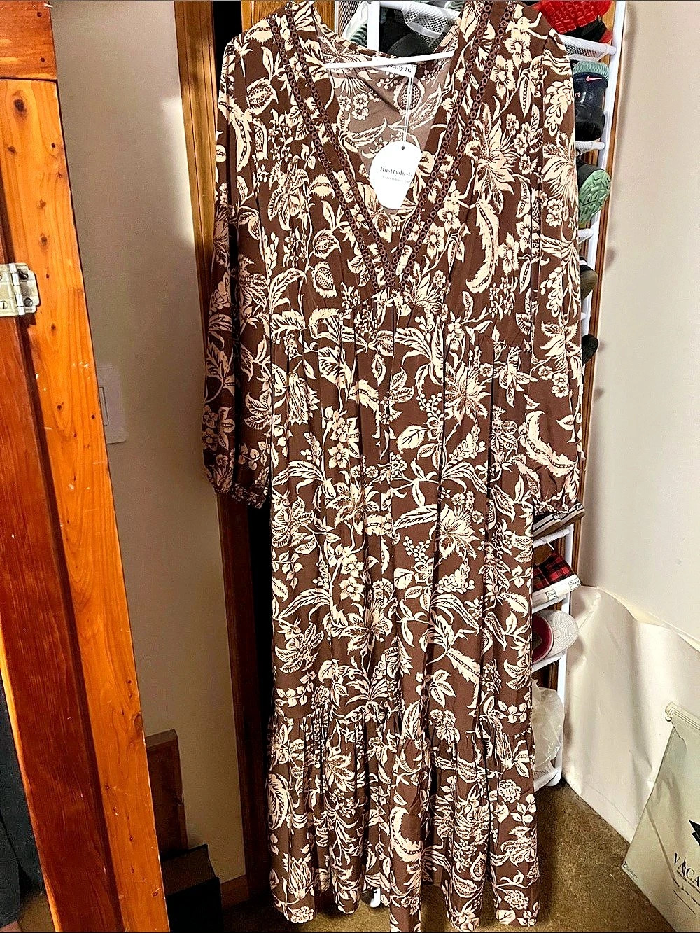 Rusttydustty Bohemian Style Women's Brown Floral V-Neck Lace Romantic Dress